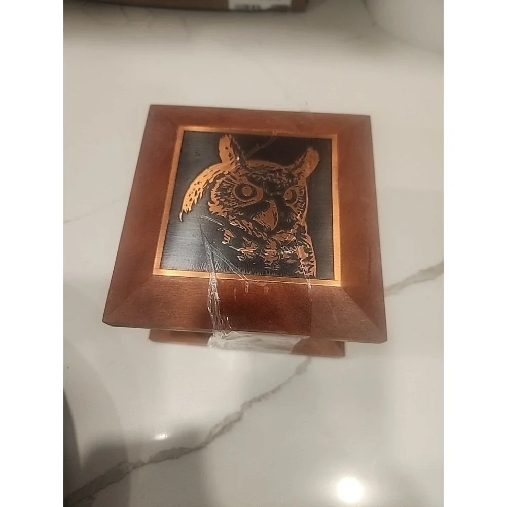 Hand Made Wood Lidded Trinket  Jewelry‎ Box With Copper Etched Horned Owl On Lid